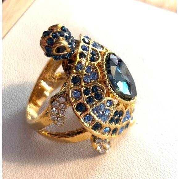 Gold Turtle Ring With Blue & Clear Crystals Adjustable Size 7 Fashion Jewelry Ac - Picture 1 of 16